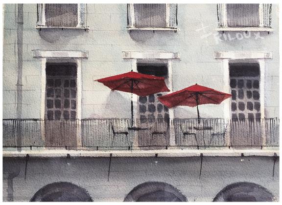 Red Umbrellas on Balcony by Sean Friloux